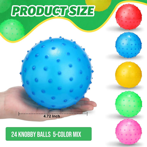 Hand holding blue 4.72-inch bouncy spiky ball, part of 24 Pieces Knobby Balls 4.72" Bouncy Spiky Sensory Ball Bulk Soft Inflatable Massage Toy