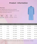 Size chart and image of Durable Unisex Lab Coat For Men And Women With Hooded Or Hatless Design In Blue 100 Percent Polyester Lab Jacket