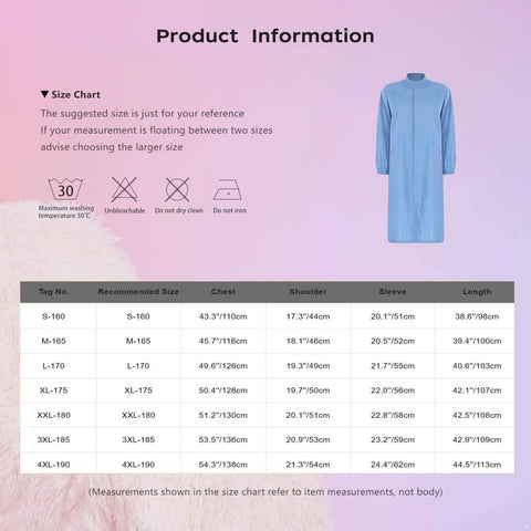 Size chart and image of Durable Unisex Lab Coat For Men And Women With Hooded Or Hatless Design In Blue 100 Percent Polyester Lab Jacket