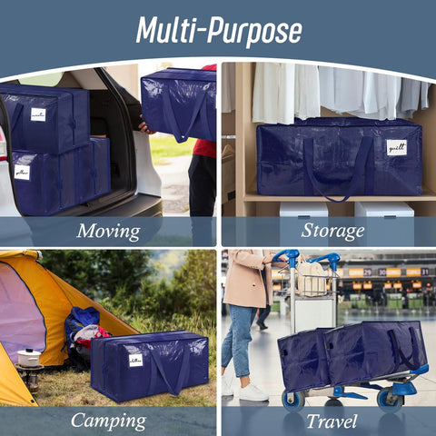 Six Pack Extra Heavy Duty Large Moving Bags With Strong Zipper And Comfortable Handles in various uses: moving, storage, camping, travel