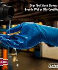 14 Mil Blue Latex Disposable Gloves Powder Free With Extended Cuff Textured Grip held under pouring liquid.