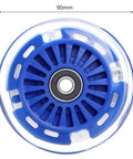 90mm blue polyurethane light-up scooter wheel with bearings, shown from the side.