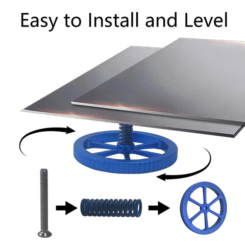 Exploded view of blue aluminum leveling nut set with hot bed springs and M4 screws for Ender and CR-10 printers.