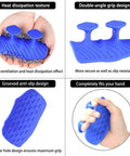 Close-up of blue upgraded weight lifting grips with ergonomic design for non-slip pull ups and deadlifts, showing ventilation and grip textures.