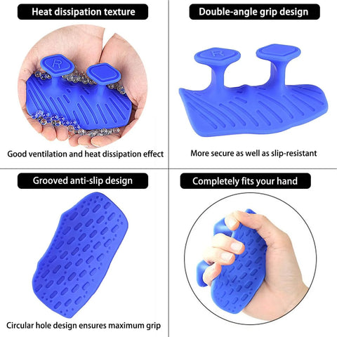 Close-up of blue upgraded weight lifting grips with ergonomic design for non-slip pull ups and deadlifts, showing ventilation and grip textures.