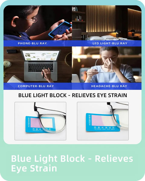 Images showing effects of blue light from screens and glasses designed to block blue light and relieve eye strain.