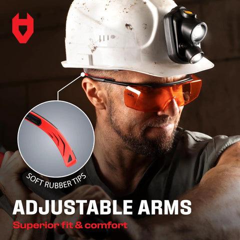 Worker wearing Blue Light Blocking Glasses for Over Glasses With ANSI Z87 1 and UV Protection, showcasing adjustable arms