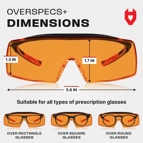 Dimensions of Blue Light Blocking Glasses for Over Glasses With ANSI Z87 1 and UV Protection showing 5.6 in width and 1.7 in height.