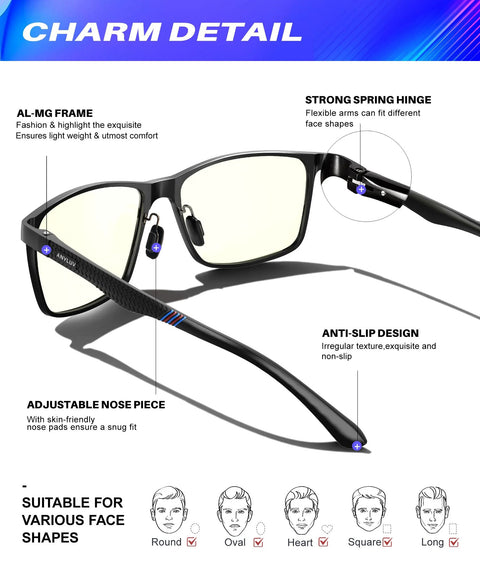 Blue Light Blocking Glasses For Men Women Relieve Eyestrain Eye Protection Black with aluminum-magnesium frame and adjustable nose piece.