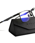 Side view of blue light blocking glasses for men women relieve eyestrain eye protection black with aluminum-magnesium frame in case