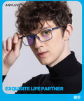Man wearing blue Light Blocking Glasses For Men Women Relieve Eyestrain Eye Protection Black with aluminum-magnesium frame.