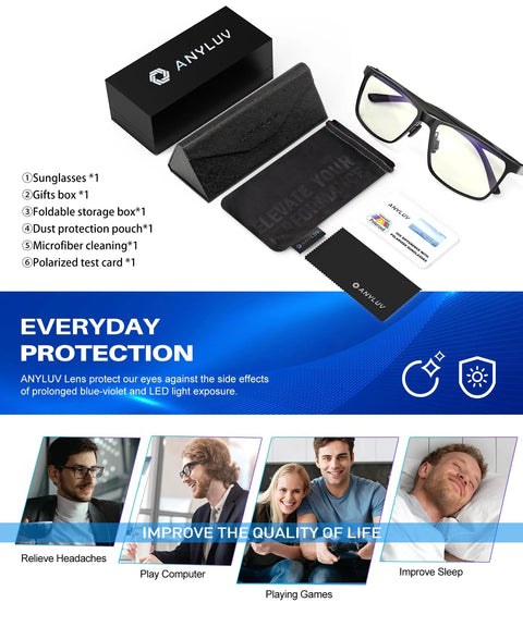 Blue Light Blocking Glasses For Men Women Relieve Eyestrain Eye Protection Black with case, lens cloth, and packaging