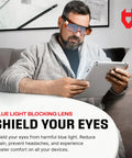 Man wearing Blue Light Blocking Glasses for Over Glasses With ANSI Z87 1 and UV Protection while using a tablet