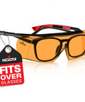 Blue Light Blocking Glasses for Over Glasses With ANSI Z87 1 and UV Protection shown with tag 'Fits Over Glasses'