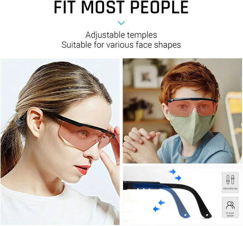 Adults and child wearing UVC 400 Blue Light Blocking Safety Glasses ANSI Z87 Protective Eyewear with adjustable temples.