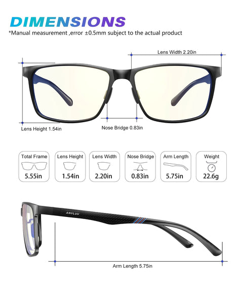Dimensions diagram of Blue Light Blocking Glasses For Men Women Relieve Eyestrain Eye Protection Black with aluminum-magnesium frame.
