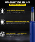 Beefy 8 Ton Hydraulic Long Ram Jack With Single Piston Pump And Clevis Base For Garage And Shop Cranes Engine Lifts Manual Cherry Picker With Handle 26 To 46 Inch Lift Range Blue in close-up view showing hydraulic cylinder details