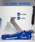Low Profile 2 Ton Floor Jack With Dual Pump System For Quick Lift, Hydraulic Aluminum And Steel Car Jack in blue, side view