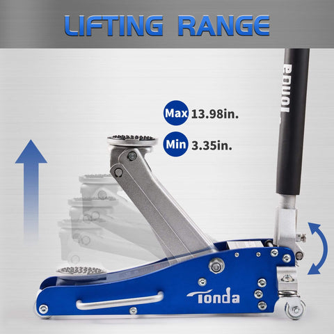 Low Profile 2 Ton Floor Jack With Dual Pump System For Quick Lift, Hydraulic Aluminum And Steel Car Jack in blue, side view