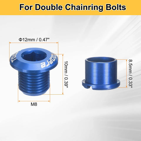 Blue M8 aluminum chainring bolts set delivers CNC precision, anodized finish, lightweight security; side view showing dimensions.