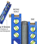 Magnetic Torpedo Level Six And A Half Inch With Verti Site View For Readability Front Back Or Top Four Vials At 0 Degree 90 Degree 45 Degree And 30 Degree Aluminum Anodized Construction For Durability Thumb Screw Mount For Quick Conduit Attachment And showing close-up of vials and metric scale