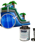 Vinyl Repair Kit For Inflatables With 12x60 Inch Blue Marble Patch Roll, adhesive, and glue next to inflatable water slide.