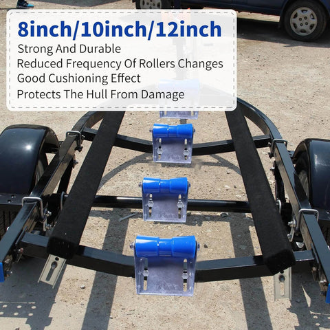 ✝️ 8" Heavy Duty Marine Keel Roller Blue Bow Roller Bow Stop for Boat Trailers on a trailer frame, showing installation and stability features.
