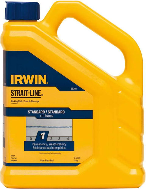 Blue Marking Chalk For Quick Layout Marks Two And A Half Pound Weather Resistant Indoor Outdoor Use On Metal Concrete Lumber Plastic Cardboard And More Ideal For High Visibility Temporary Layouts, front view of container.
