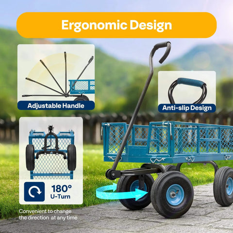 Heavy Duty Mesh Steel Garden Cart Folding Utility Wagon with 880 Lb Capacity, Removable Sides Flatbed Design, 10 Inch Pneumatic Wheels, 180 Degree Handle features ergonomic design and adjustable handle.