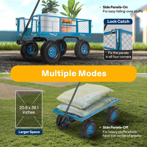 Heavy Duty Mesh Steel Garden Cart Folding Utility Wagon with 880 Lb Capacity, Removable Sides Flatbed Design, 10 Inch Pneumatic Wheels, multiple modes.