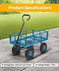 Heavy Duty Mesh Steel Garden Cart Folding Utility Wagon with 880 Lb Capacity, Removable Sides Flatbed Design, 10 Inch Pneumatic Wheels 4.10/3.50-4, 180 Degree Handle for Yard, Lawn, Farm, and Outdoor Hauling, Blue, showing product specifications.