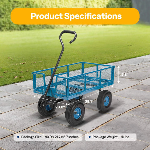 Heavy Duty Mesh Steel Garden Cart Folding Utility Wagon with 880 Lb Capacity, Removable Sides Flatbed Design, 10 Inch Pneumatic Wheels 4.10/3.50-4, 180 Degree Handle for Yard, Lawn, Farm, and Outdoor Hauling, Blue, showing product specifications.