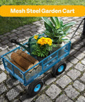 Heavy Duty Mesh Steel Garden Cart Folding Utility Wagon with 880 Lb Capacity, Removable Sides Flatbed Design, 10 Inch Pneumatic Wheels 4.10/3.50-4, 180 Degree Handle for Yard, Lawn, Farm, and Outdoor Hauling, Blue filled with plants and logs.