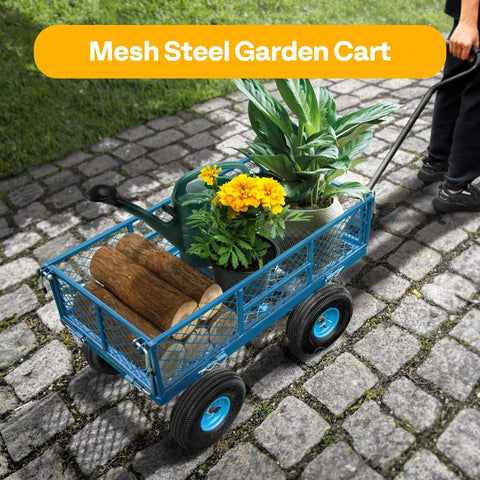 Heavy Duty Mesh Steel Garden Cart Folding Utility Wagon with 880 Lb Capacity, Removable Sides Flatbed Design, 10 Inch Pneumatic Wheels 4.10/3.50-4, 180 Degree Handle for Yard, Lawn, Farm, and Outdoor Hauling, Blue filled with plants and logs.