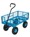 Heavy Duty Mesh Steel Garden Cart Folding Utility Wagon with 880 Lb Capacity, Blue, side view with 10 Inch Pneumatic Wheels.