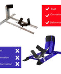 Universal Wheel Chock for Motorcycle Stand for Trailer Storage Adjustable Foldable Detachable Blue One Person Load and Unload Safe with Straps by Grand Pitstop, comparing metal and blue chock