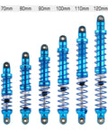 Oil adjustable RC shock absorber set with dual-stage springs for 1/10 crawlers, 70mm to 120mm sizes, blue metal design.