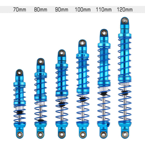 Oil adjustable RC shock absorber set with dual-stage springs for 1/10 crawlers, 70mm to 120mm sizes, blue metal design.
