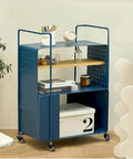 Blue metal storage cart with three shelves, decorative items, and Heavy Duty Swivel Caster With 1.5 Inch Threaded Bar And M8x25 Nut Spacer For Shopping Carts Workbenches And Furniture No Brake 4 Pack Supports Up To 660 Lb With Polyolefin Wheel And Protective Rubber Tread casters.