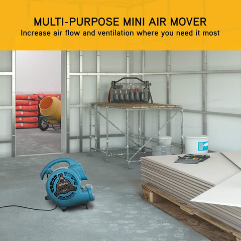 Mini Mighty 138 W Air Mover Delivers 600 CFM Centrifugal Power For Fast Carpet Drying Floors And More Stackable Daisy Chain Ready Blower For Water Damage Restoration Janitorial Plumbing And Home Use By XPOWER in a workshop setting