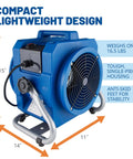 Portable 1/5 HP, 870 CFM Mini Axial Air Mover Fan with Wall Mount Option for Water Damage, Drying and Ventilation, Blue, MA-870, Small, side view showing dimensions and features.