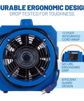Front view of Portable 1/5 HP, 870 CFM Mini Axial Air Mover Fan with Wall Mount Option for Water Damage, Drying and Ventilation, Blue, MA-870, Small