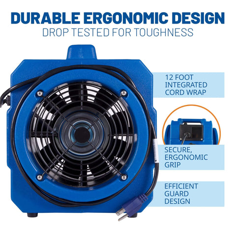 Front view of Portable 1/5 HP, 870 CFM Mini Axial Air Mover Fan with Wall Mount Option for Water Damage, Drying and Ventilation, Blue, MA-870, Small