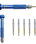 5-In-1 Mini Precision Screwdriver Set With Magnetic S2 Steel Bits For Eyeglasses Sunglasses Electronics And Jewelry Includes 2.0mm 1.5mm Torx T6 T5 And 0.8 Star Bits Aluminum Alloy Handle Portable Compact Repair Kit, showing blue aluminum handle and five separate bits.