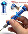 Blue 5-In-1 Mini Precision Screwdriver Set With Magnetic S2 Steel Bits for Eyeglasses and Electronics, shown with bit storage.