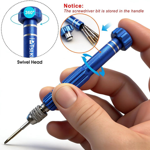 Blue 5-In-1 Mini Precision Screwdriver Set With Magnetic S2 Steel Bits for Eyeglasses and Electronics, shown with bit storage.
