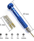 5-In-1 Mini Precision Screwdriver Set With Magnetic S2 Steel Bits For Eyeglasses Sunglasses Electronics And Jewelry Includes 2.0mm 1.5mm Torx T6 T5 And 0.8 Star Bits Aluminum Alloy Handle Portable Compact Repair Kit showing blue handle and bits.
