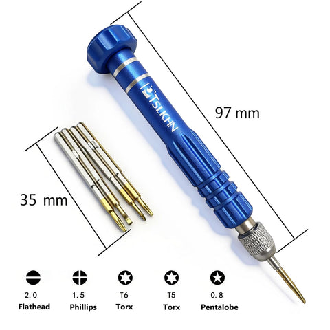 5-In-1 Mini Precision Screwdriver Set With Magnetic S2 Steel Bits For Eyeglasses Sunglasses Electronics And Jewelry Includes 2.0mm 1.5mm Torx T6 T5 And 0.8 Star Bits Aluminum Alloy Handle Portable Compact Repair Kit showing blue handle and bits.