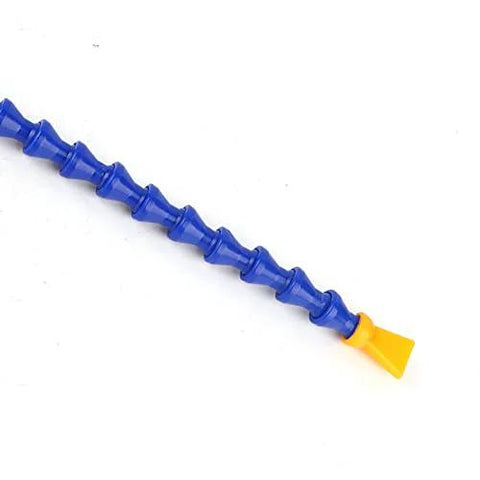 Blue flexible pipe with yellow flat nozzle, part of Mist Cooling Spray System For Metal Cutting Engraving Machines With 12 Piece Nozzle Kit