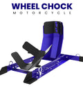 Universal Wheel Chock for Motorcycle Stand for Trailer Storage Adjustable Foldable Detachable Blue One Person Load and Unload Safe with Straps by Grand Pitstop, close-up view